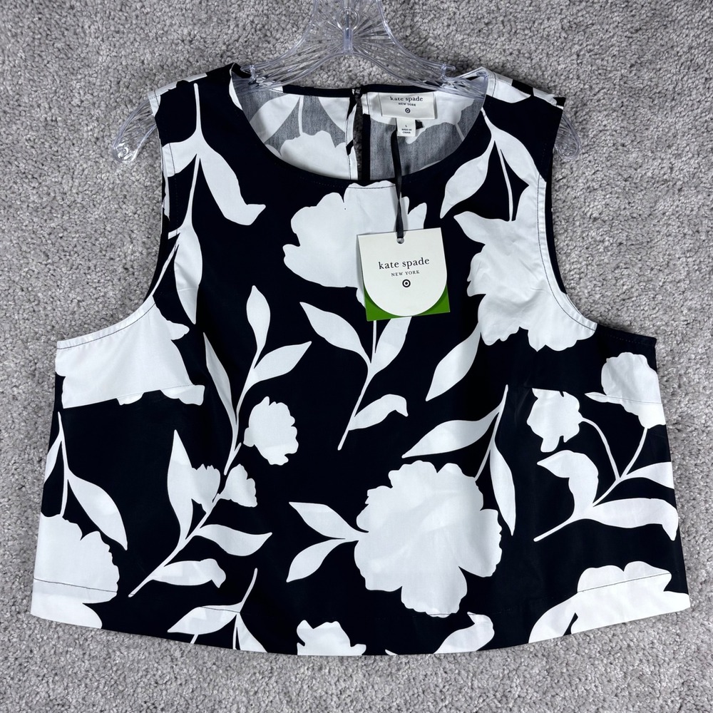 Kate Spade New York Black White Floral‎ Crop Top Shirt Size L Cotton Sleeveless